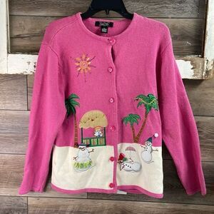 CRYSTAL KOBE Vintage Pink Holiday Tropical Snowman Ugly Christmas Sweater XL